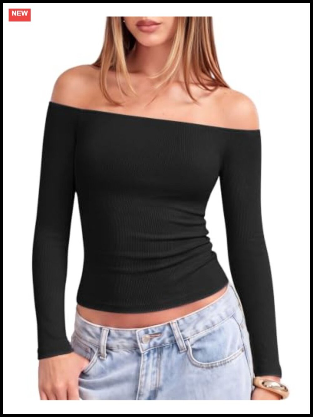 SUUKSESS Women Long Sleeve Off Shoulder Padded Ribbed Cotton Top